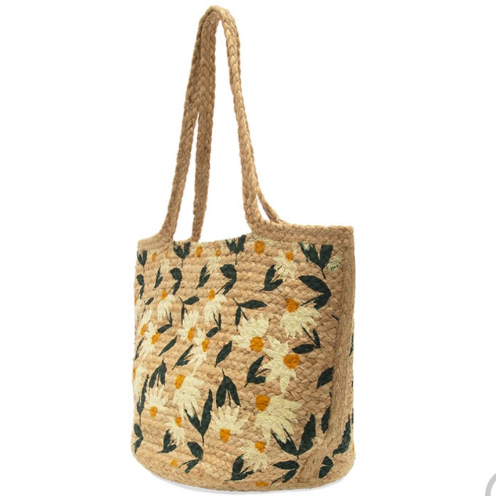 JOY SUSAN Multi Daisy Hand Crafted & Painted Jute Braided Oversize Tote … - Picture 3 of 11